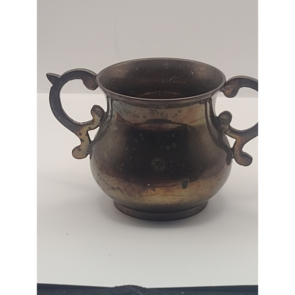 Vintage Brass Sugar Bowl Urn Vase 4 Inch Double Handled Decorative Pot - Picture 2 of 6